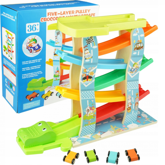 Pista cu 5 rampe si 4 masinute din lemn Crocodile Escape, multicolor [4]