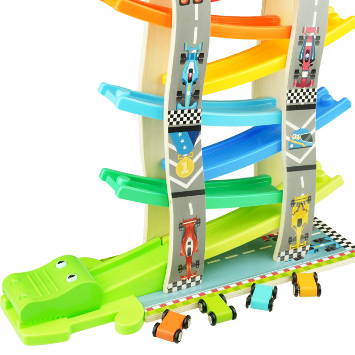 Pista cu 7 rampe si 4 masinute din lemn Crocodile Escape, multicolor [3]