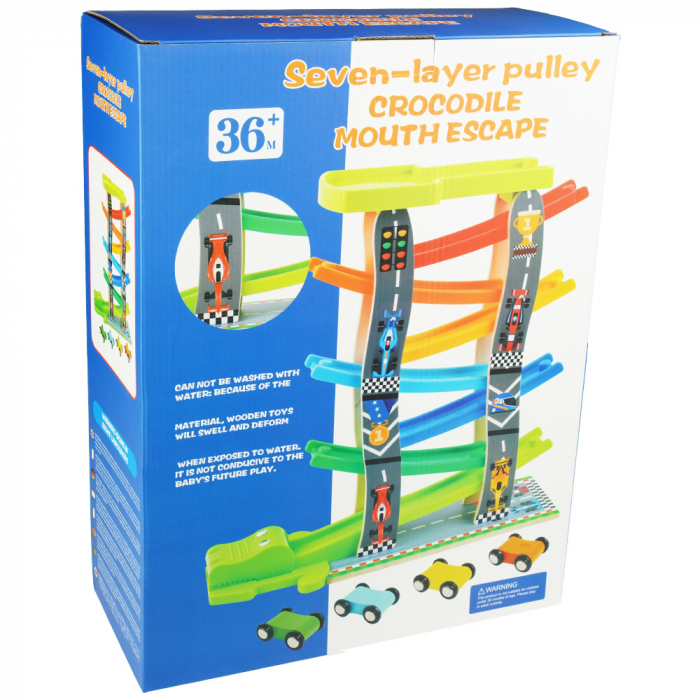 Pista cu 7 rampe si 4 masinute din lemn Crocodile Escape, multicolor [6]