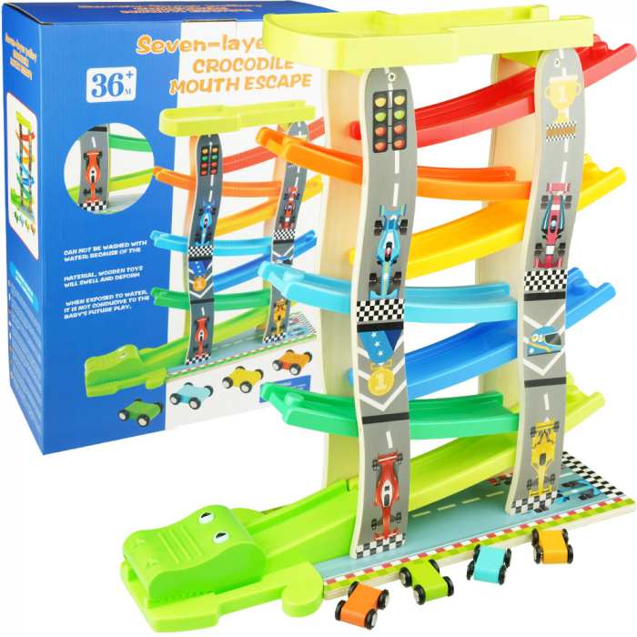 Pista cu 7 rampe si 4 masinute din lemn Crocodile Escape, multicolor [5]