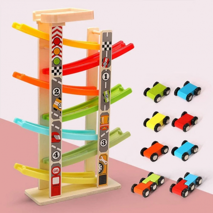Pista cu 7 rampe si 7 masinute din lemn, multicolor [2]
