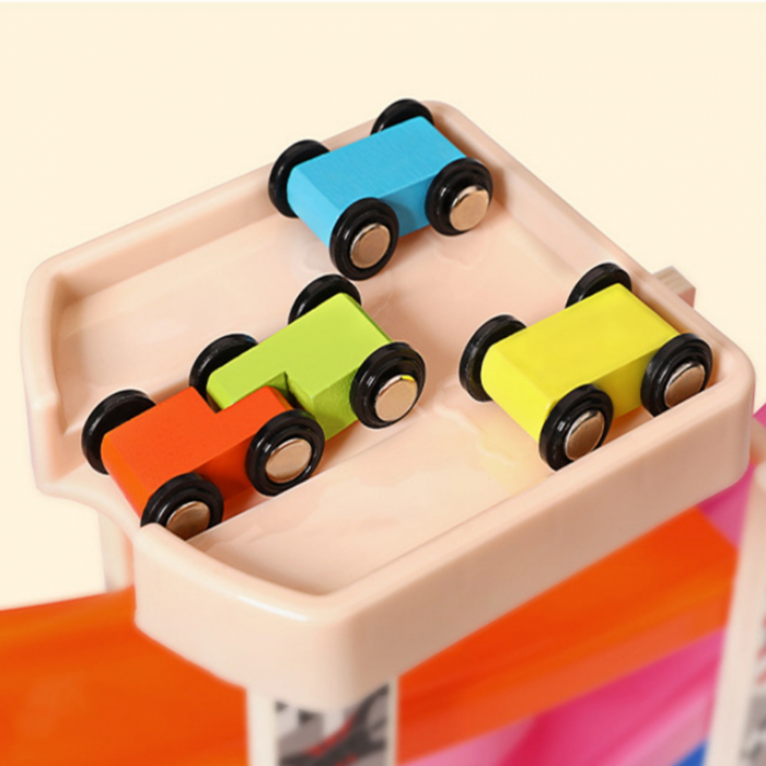 Pista cu 7 rampe si 7 masinute din lemn, multicolor [3]