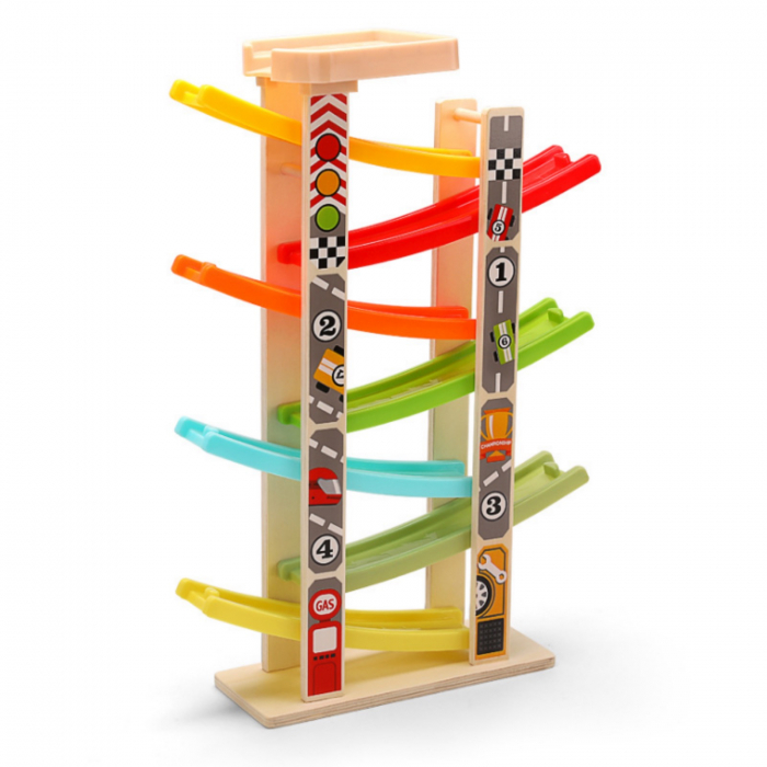 Pista cu 7 rampe si 7 masinute din lemn, multicolor [6]