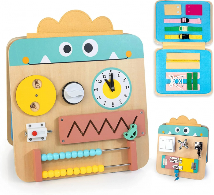 Placa activitati Montessori din lemn Busy Board pliabila si reversibila 17 in 1, multicolor [4]