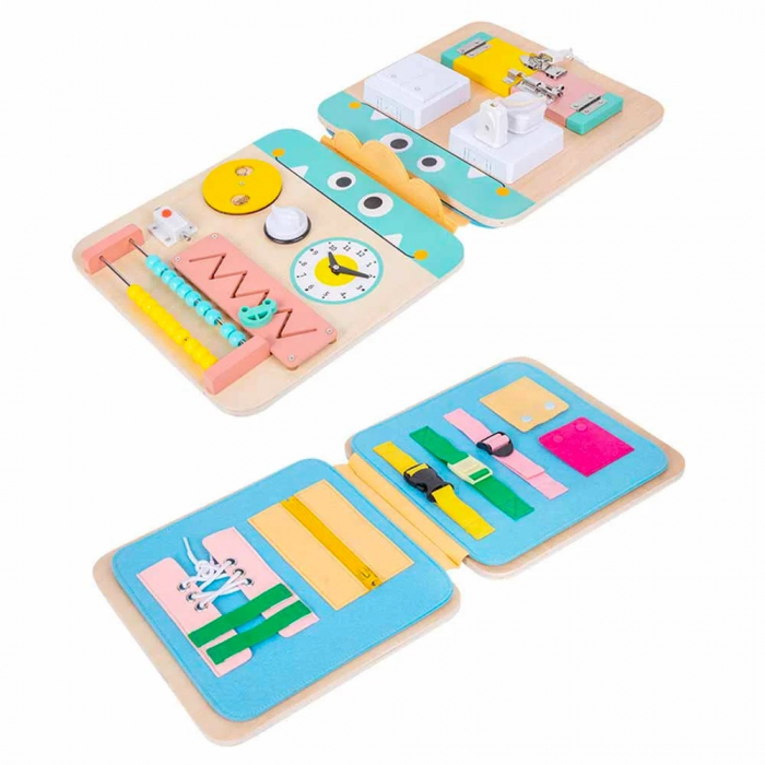 Placa activitati Montessori din lemn Busy Board pliabila si reversibila 17 in 1, multicolor [5]