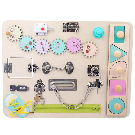 Placa senzoriala Busy Board activitati Montessori cu incuietori, multicolor [2]