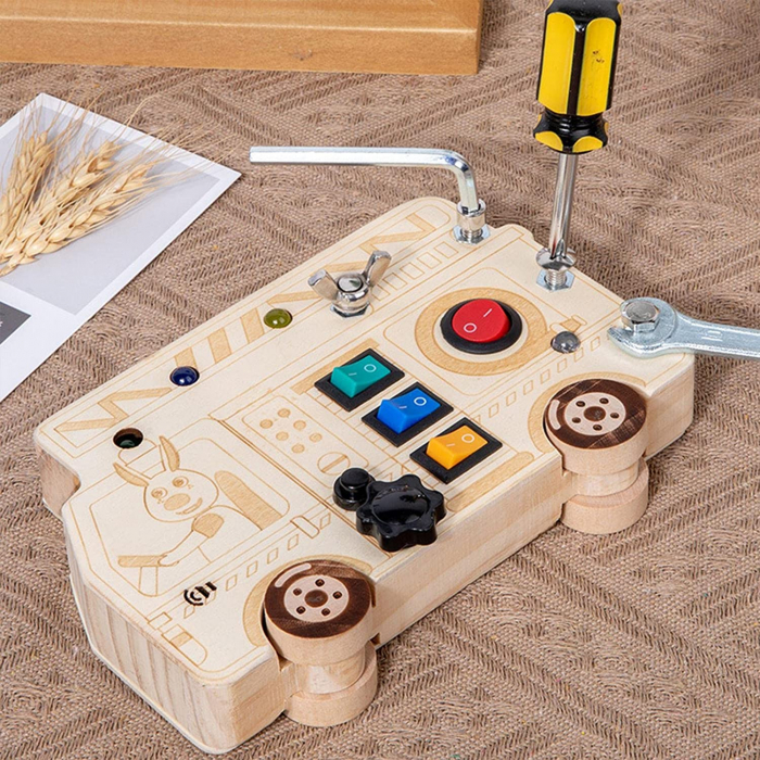 Placa senzoriala Busy Bus cu lumini si activitati Montessori 2 in 1, multicolor [3]
