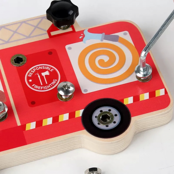 Placa senzoriala Busy Fire Truck activitati Montessori de insurubat, multicolor [4]