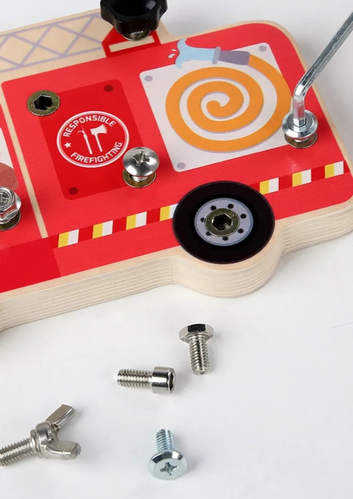 Placa senzoriala Busy Fire Truck activitati Montessori de insurubat, multicolor [3]