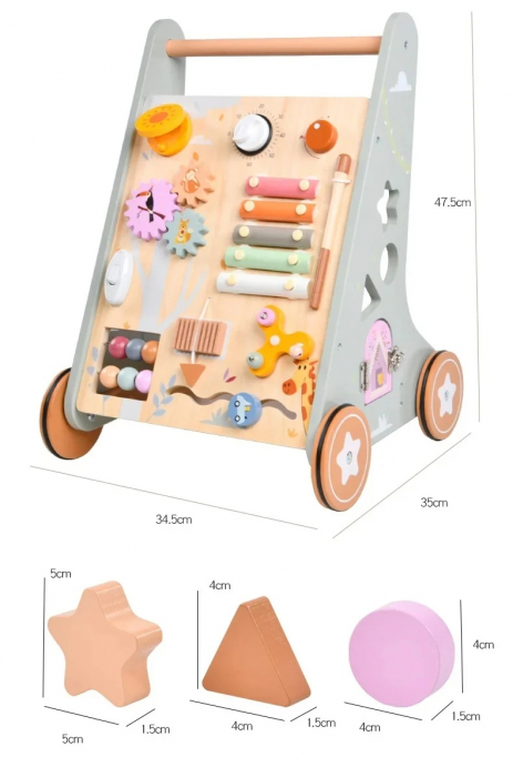 Premergator Educational si Interactiv 2 in 1 din Lemn Natural cu Activitati si Spatiu Depozitare, multicolor [6]