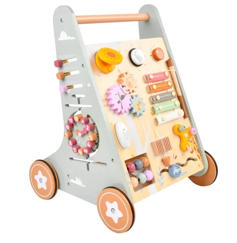 Premergator Educational si Interactiv 2 in 1 din Lemn Natural cu Activitati si Spatiu Depozitare, multicolor [1]