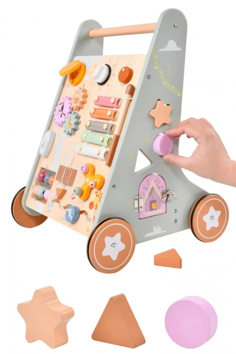 Premergator Educational si Interactiv 2 in 1 din Lemn Natural cu Activitati si Spatiu Depozitare, multicolor [2]