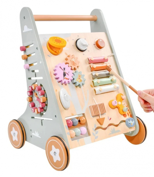 Premergator Educational si Interactiv 2 in 1 din Lemn Natural cu Activitati si Spatiu Depozitare, multicolor [4]