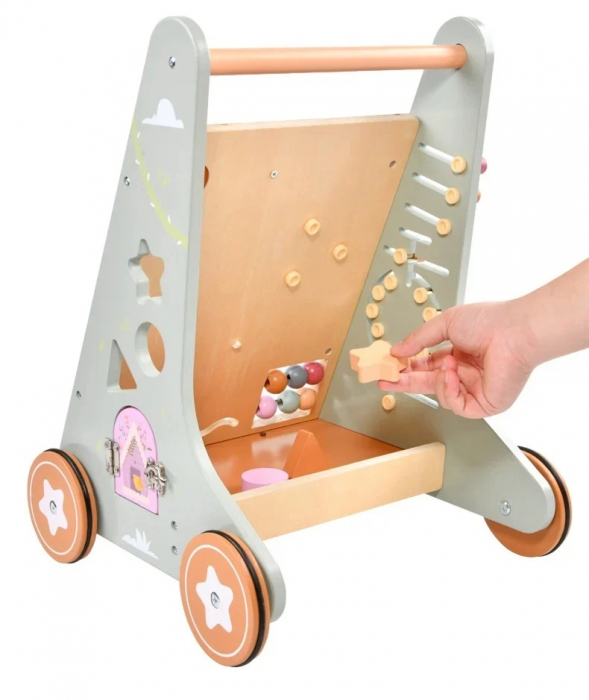 Premergator Educational si Interactiv 2 in 1 din Lemn Natural cu Activitati si Spatiu Depozitare, multicolor [3]