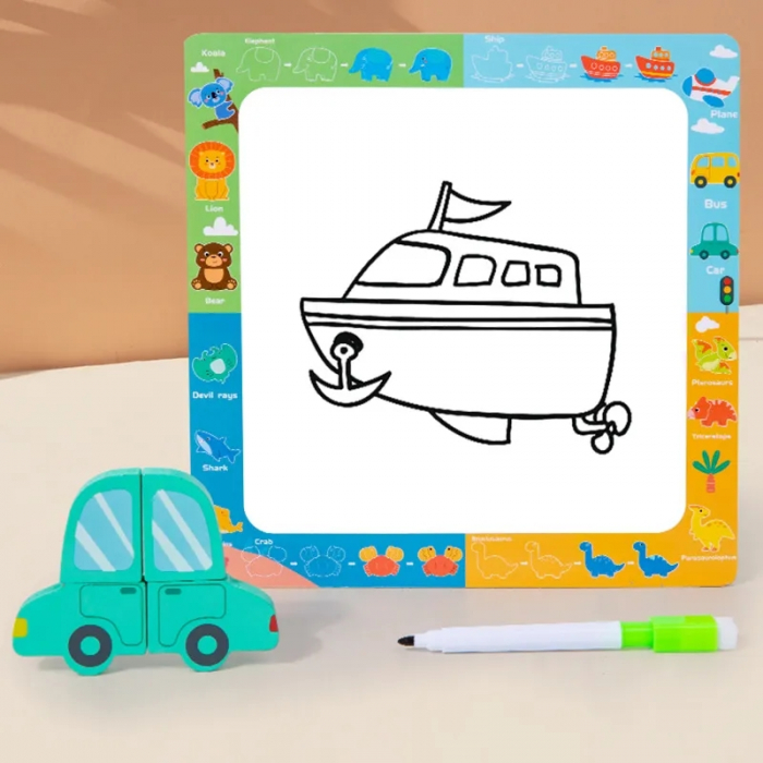 Puzzle din lemn incastru 3D si tablita desen cu marker Chunky, Vehicule, 16 piese, multicolor [4]