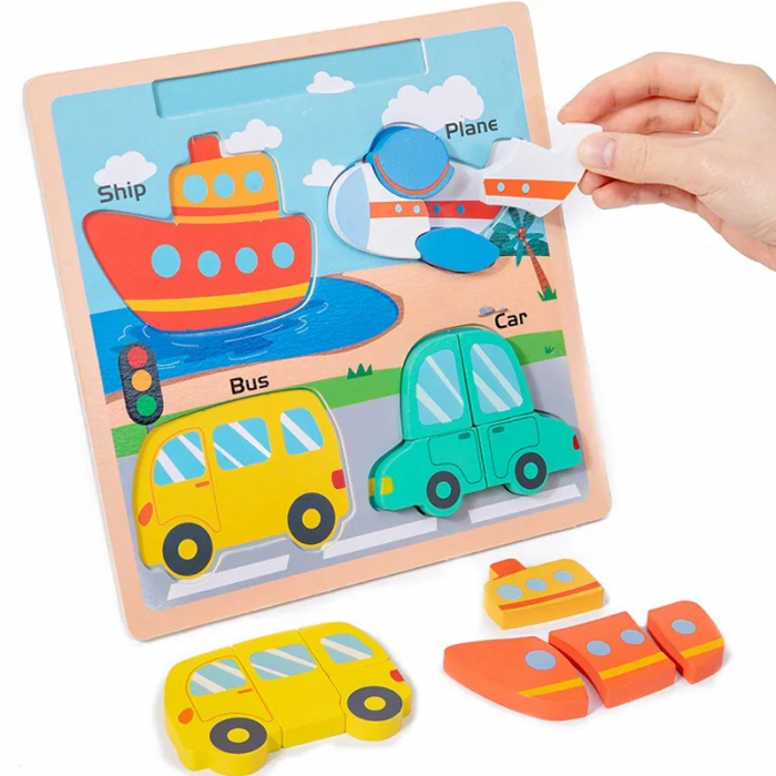 Puzzle din lemn incastru 3D si tablita desen cu marker Chunky, Vehicule, 16 piese, multicolor [3]