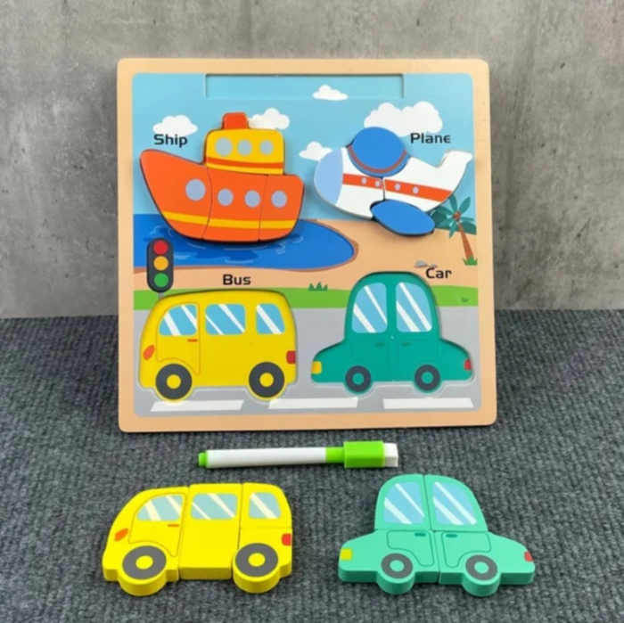 Puzzle din lemn incastru 3D si tablita desen cu marker Chunky, Vehicule, 16 piese, multicolor [2]