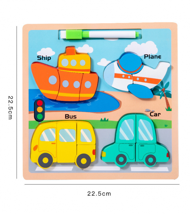 Puzzle din lemn incastru 3D si tablita desen cu marker Chunky, Vehicule, 16 piese, multicolor [5]
