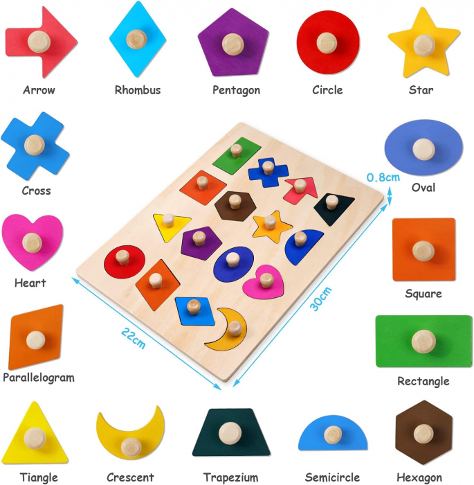 Puzzle incastru Montessori din lemn forme geometrice magnetice, 16 piese, multicolor [8]