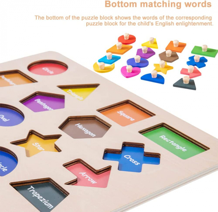 Puzzle incastru Montessori din lemn forme geometrice magnetice, 16 piese, multicolor [6]