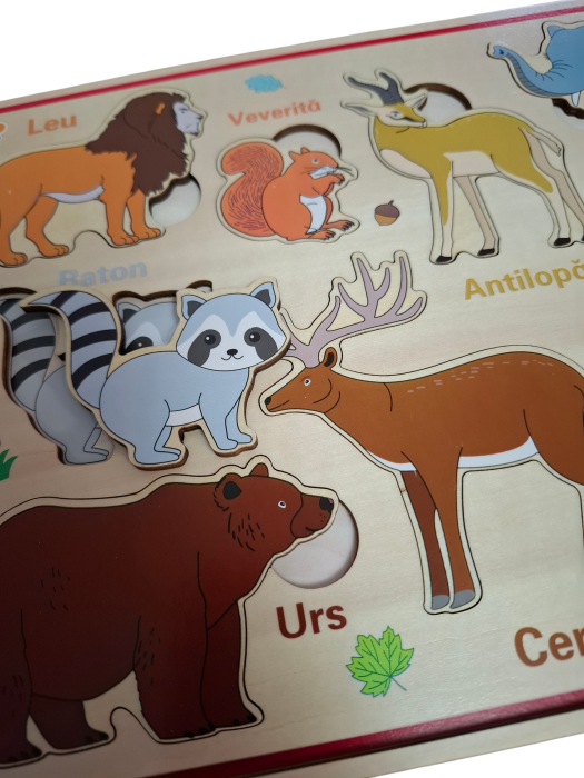Puzzle magnetic incastru din lemn Animale Salbatice in limba Romana, 9 piese, multicolor [2]