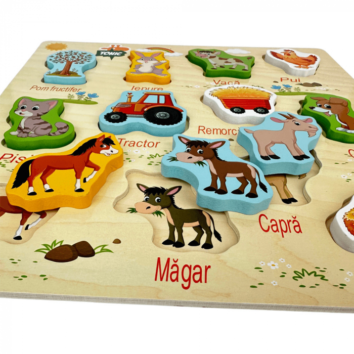Puzzle incastru din lemn Ferma in limba Romana, 12 piese, multicolor [3]