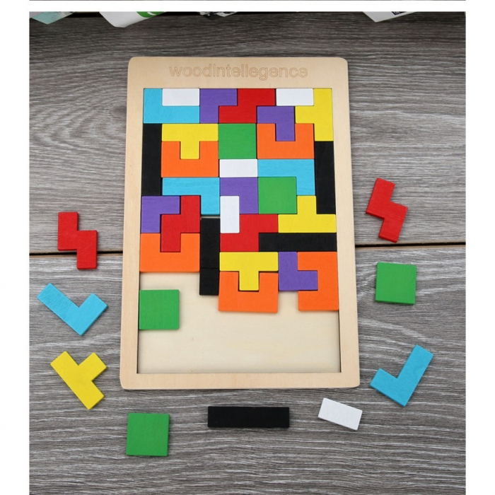 Puzzle Montessori din Lemn Tip Tetris, Forme Neregulate, 40 Piese, Multicolor [4]