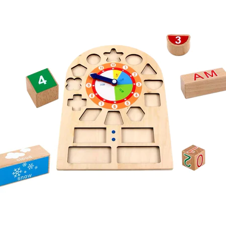 Jucarie educativa Montessori ceas din lemn, forme geometrice, accesorii vreme [3]
