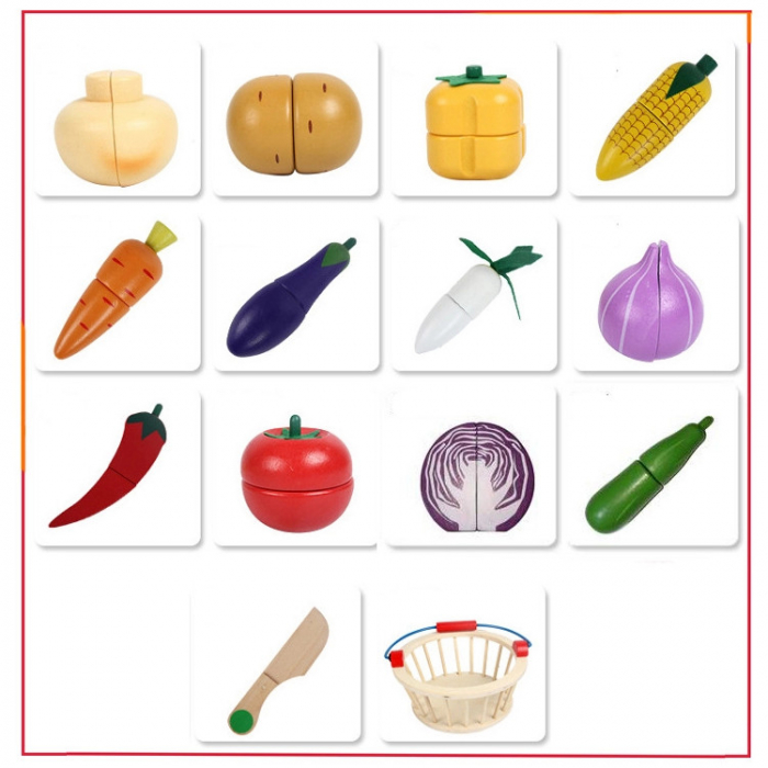 Joc educativ Cos cu legume din lemn pentru feliat, 12 piese, multicolor [4]