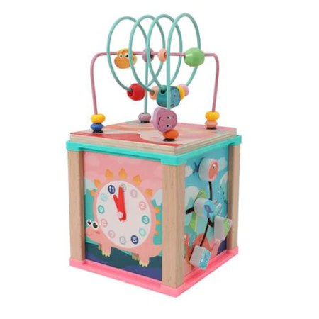 Cub educativ Montessori din lemn "Pink-Dino" cu activitati, ceas, labirinturi, forme geometrice [1]