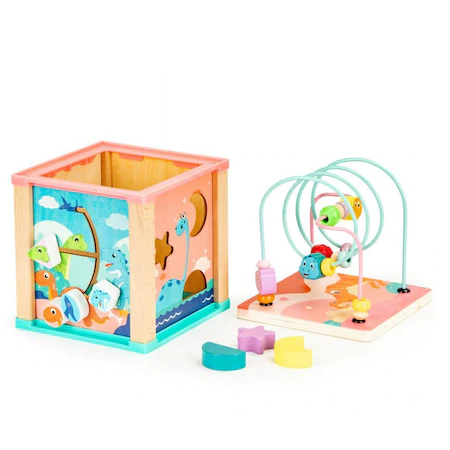 Cub educativ Montessori din lemn "Pink-Dino" cu activitati, ceas, labirinturi, forme geometrice [7]