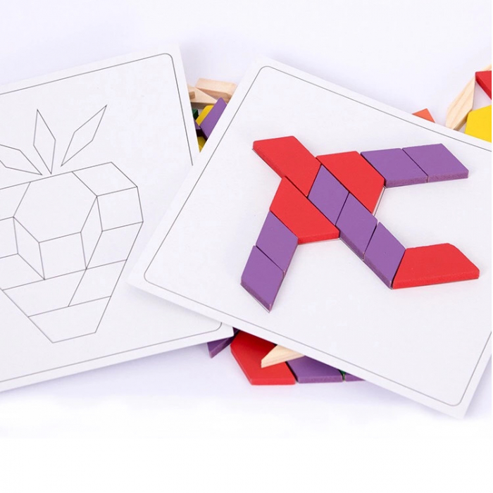 Joc educativ, Tangram din lemn, Joc asiatic cu 250 piese geometrice multicolore [5]