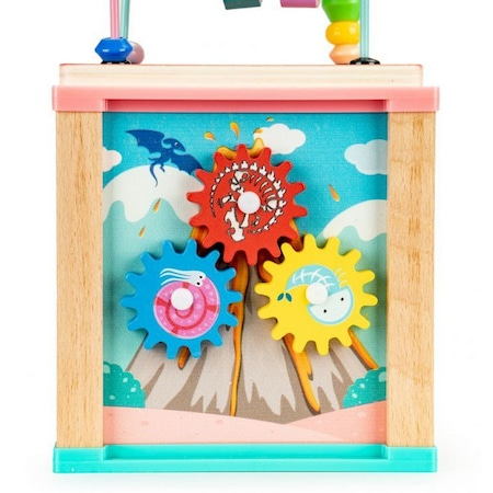 Cub educativ Montessori din lemn "Pink-Dino" cu activitati, ceas, labirinturi, forme geometrice [2]