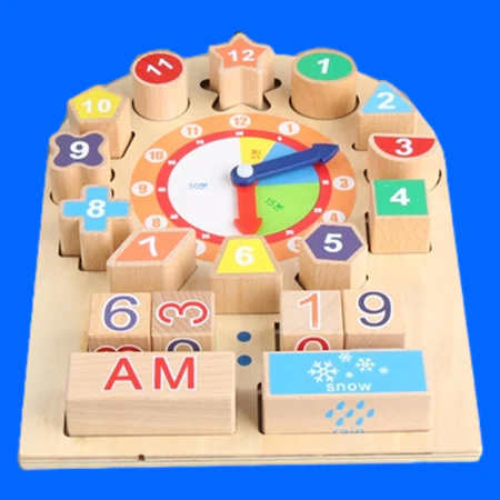 Jucarie educativa Montessori ceas din lemn, forme geometrice, accesorii vreme [2]
