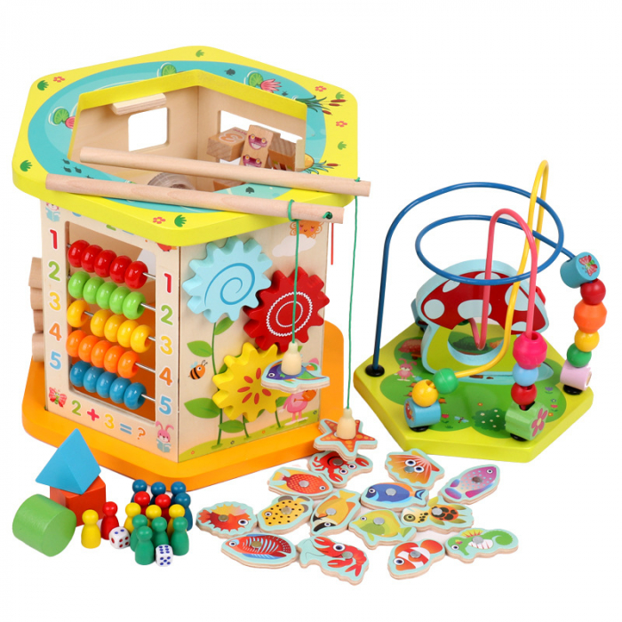 Cub educativ hexagonal Montessori din lemn 9 in 1 Ciupercuta, multicolor [2]