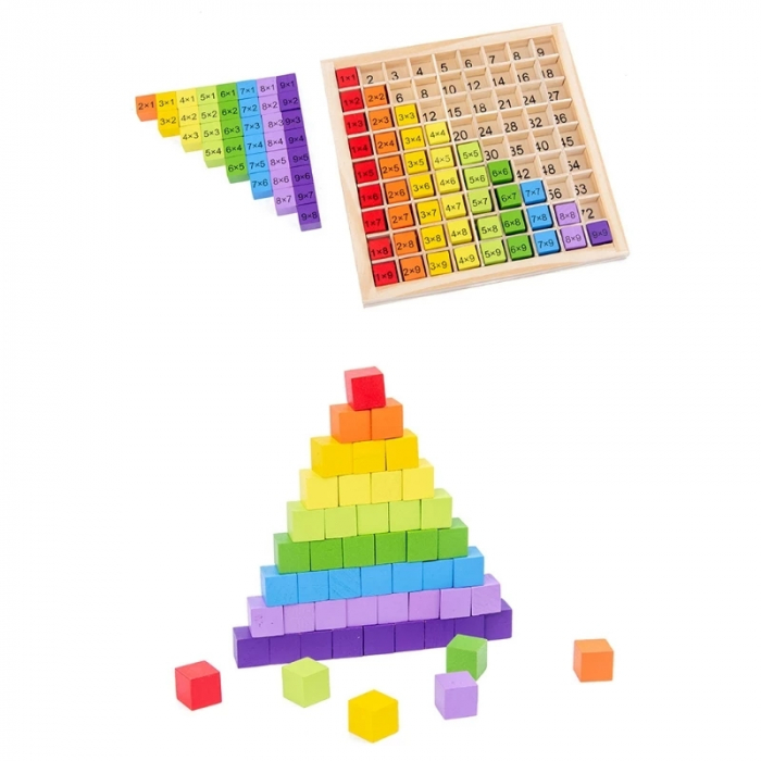 Joc educativ din lemn 3D Tabla Inmultirii Montessori, 18x18 cm, multicolor [2]