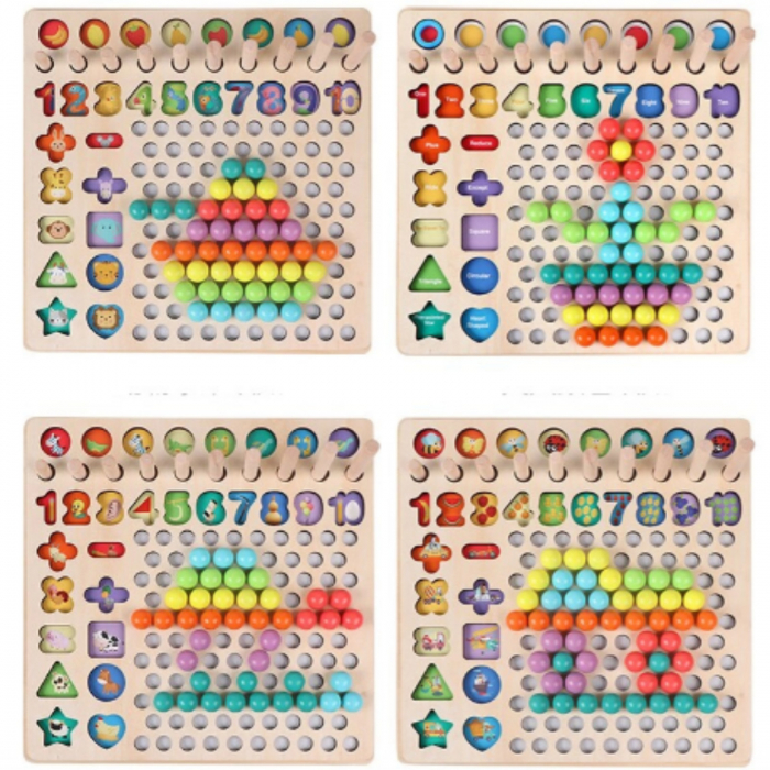 Joc lemn 6 in 1 cu cifre, forme geometrice, logaritmic cu stivuire piese, pescuit magnetic, indemanare si sortare, multicolor [5]
