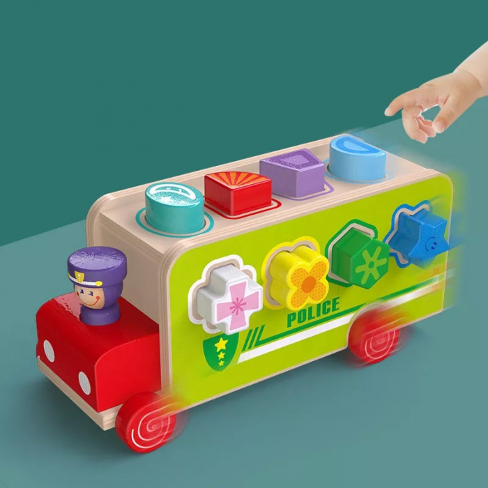 Camion de Politie din lemn cu sortator forme, multicolor [5]