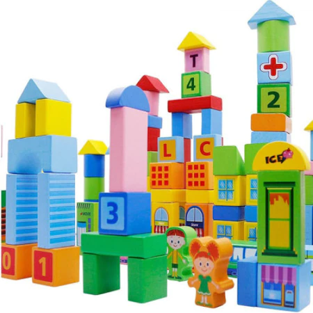 Set cuburi de construit din lemn, 100 piese, Smart Town Blocks [4]
