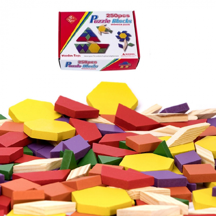 Joc educativ, Tangram din lemn, Joc asiatic cu 250 piese geometrice multicolore [7]
