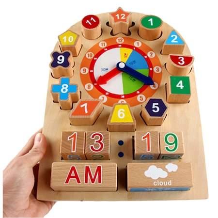 Jucarie educativa Montessori ceas din lemn, forme geometrice, accesorii vreme [6]