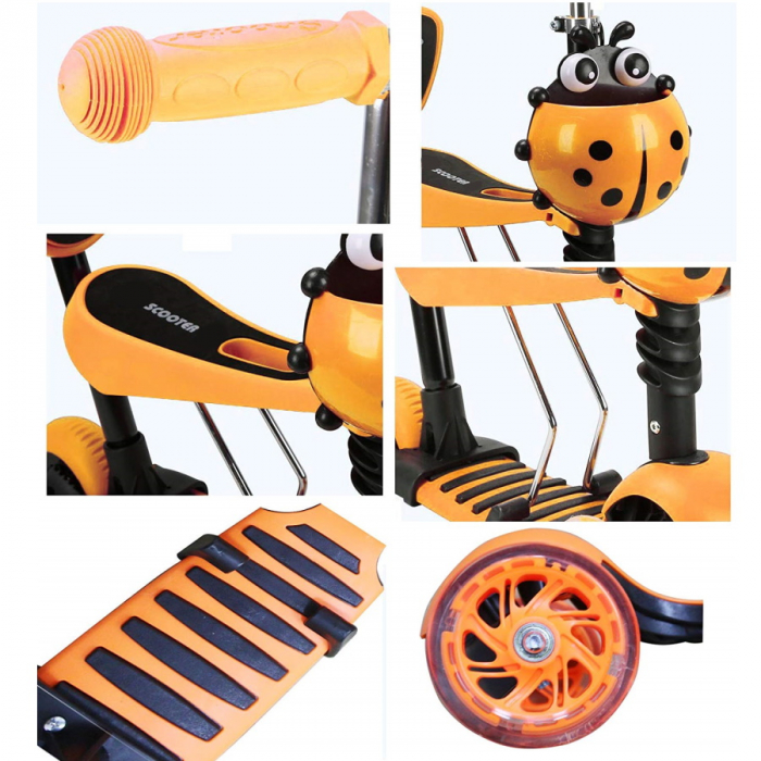 Trotineta 5 in 1 cu maner de impins si roti cu lumini Scooter OX11, portocalie [2]