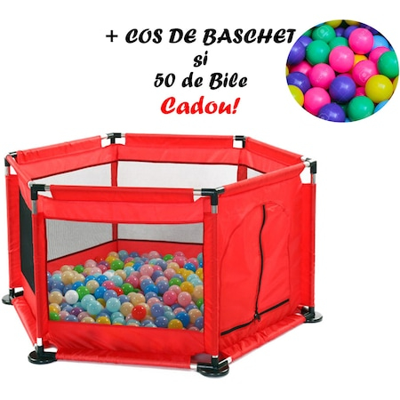 Tarc pentru Bebe Rosu + cos de baschet + set de 50 de Bile Multicolore Cadou, dimensiune 128 x 113 x 65cm [1]