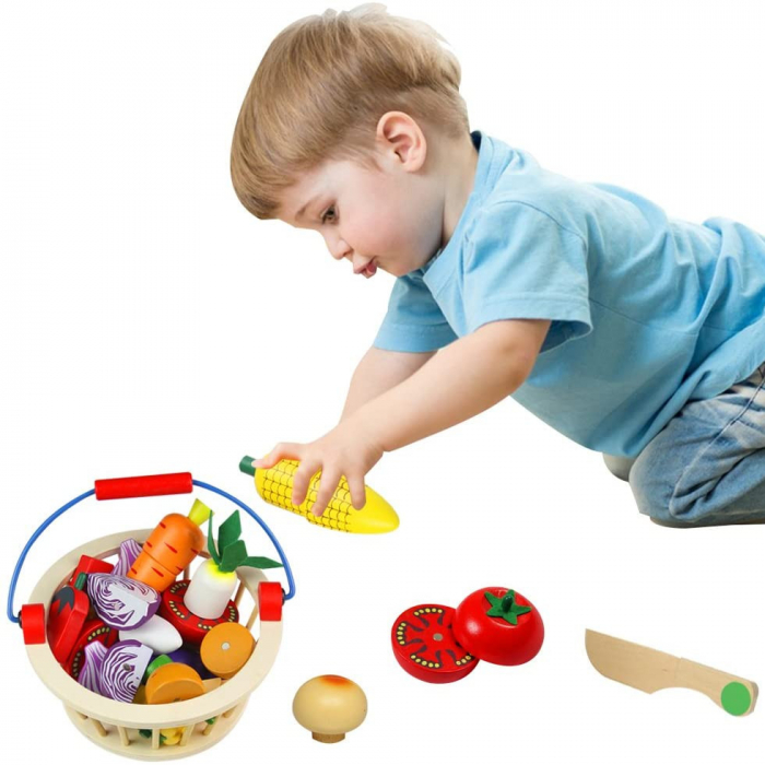 Joc educativ Cos cu legume din lemn pentru feliat, 12 piese, multicolor [2]