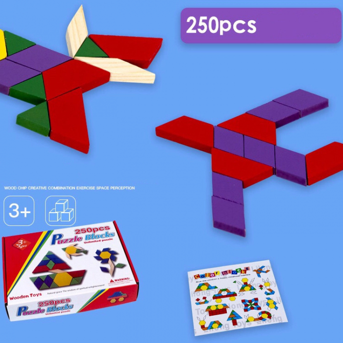Joc educativ, Tangram din lemn, Joc asiatic cu 250 piese geometrice multicolore [3]
