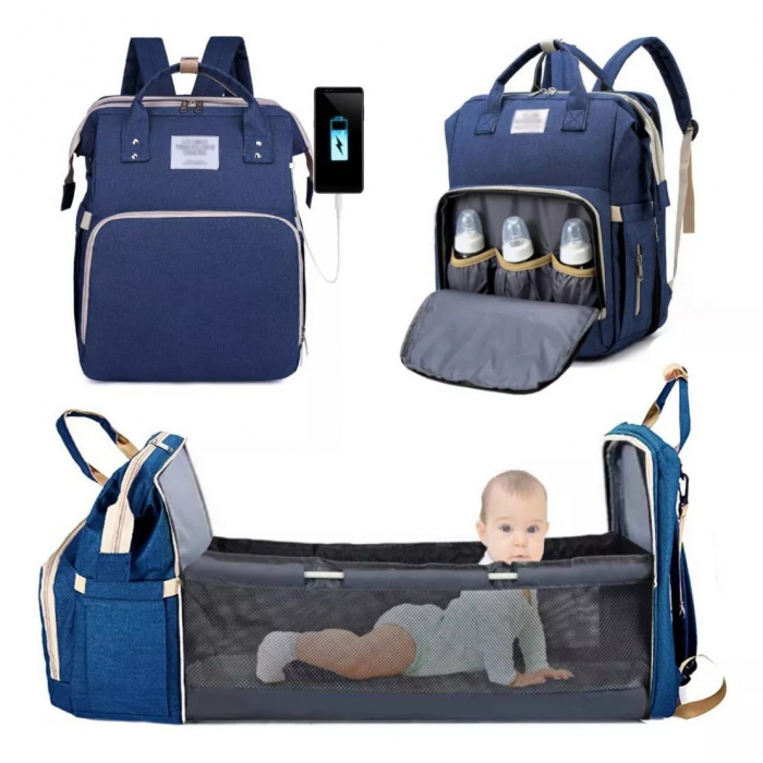 Rucsac Multifunctional pentru Mamici cu Patut Pliabil si Baza de Schimbat, 42 x 32 x 22 cm, Albastru Inchis [2]