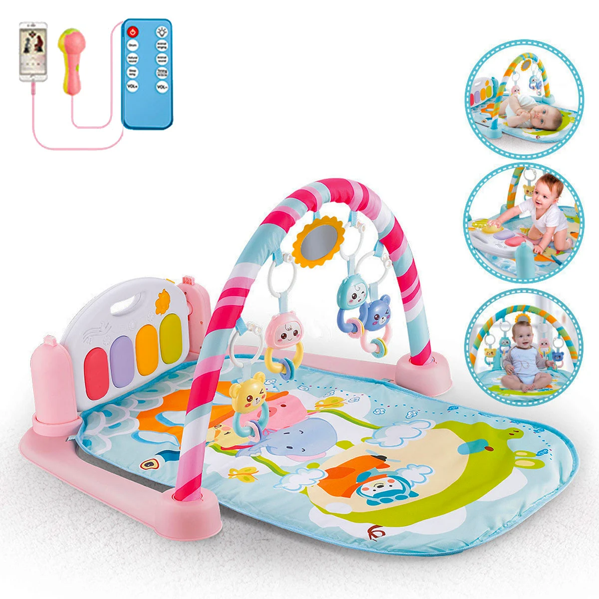 Saltea de joaca bebe cu pian, telecomanda si microfon - suport mp3, roz [2]
