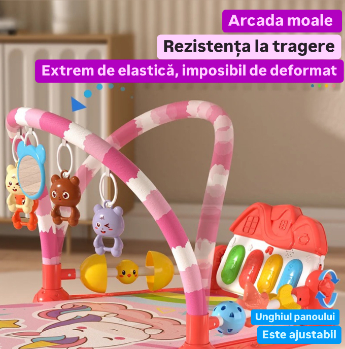 Saltea de joaca pentru bebelusi cu pian detasabil Unicorn, muzica si lumini, roz [2]
