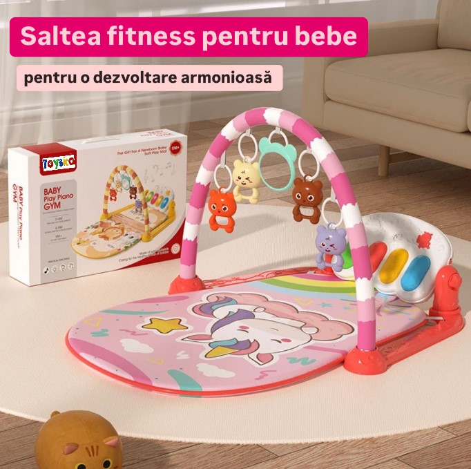 Saltea de joaca pentru bebelusi cu pian detasabil Unicorn, muzica si lumini, roz [3]