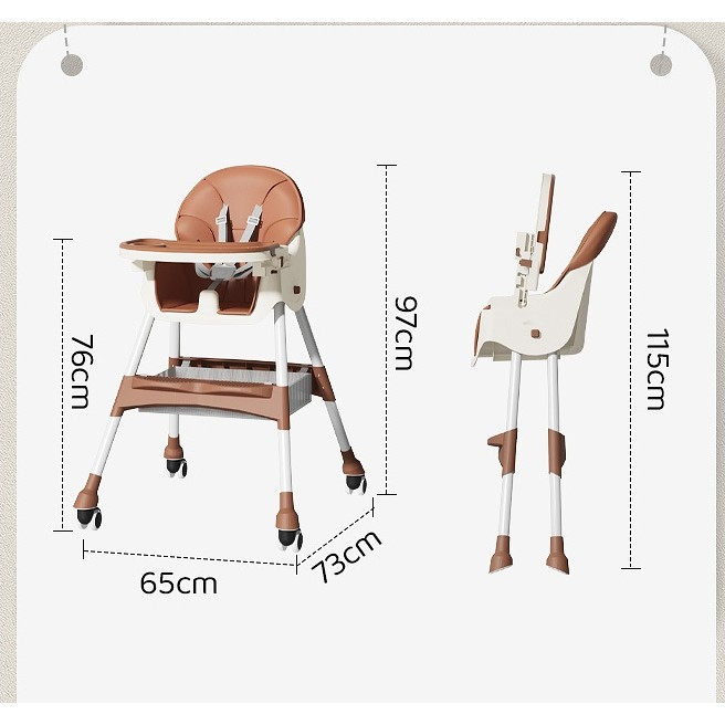 Scaun de masa pentru bebelusi si copii cu roti, telescopic, pliabil, masuta reglabila, suport picioare, scaun invelis piele artificiala, centura siguranta, spatiu depozitare,  maro [10]